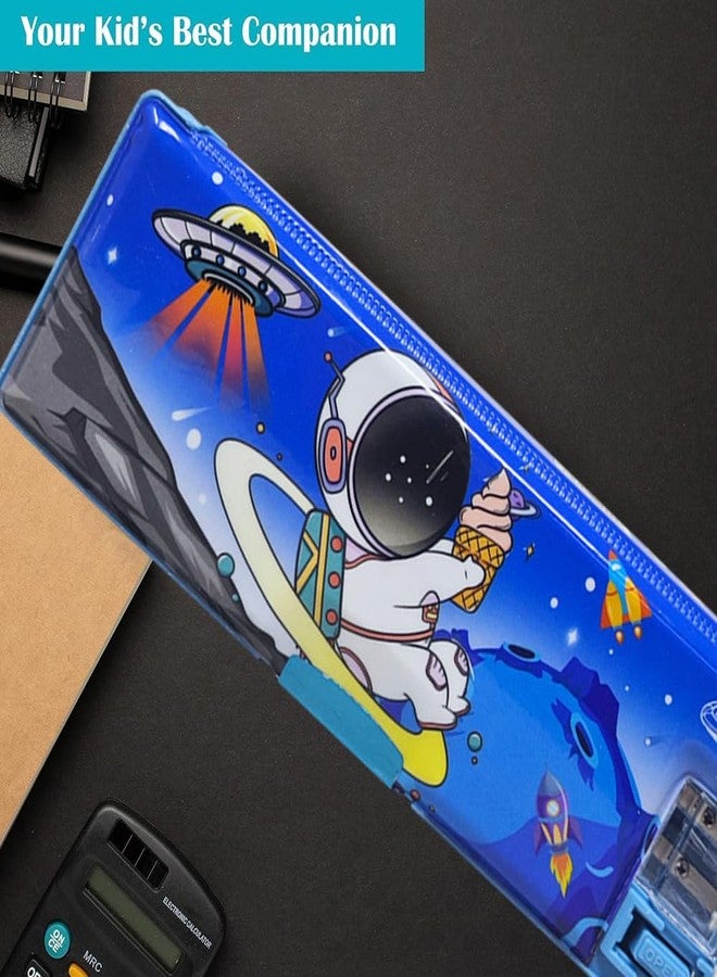 Sidak Plastic Space Themed Pencil Box, Inbuilt LED Light with 2 Compartments and Dual Sharpener, Magnetic Lock, Pencil Box for Kids (Blue) - Image 4